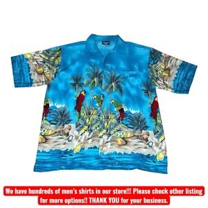 Pacific & Co Hawaiian Shirt Mens 2XL Blue Tropical Parrot Palm Tree Beach Casual